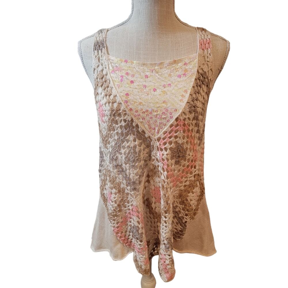 Free People Granny Square Crochet/Sequin Boho Tank Top Cream/Tan/Pink Size XXS